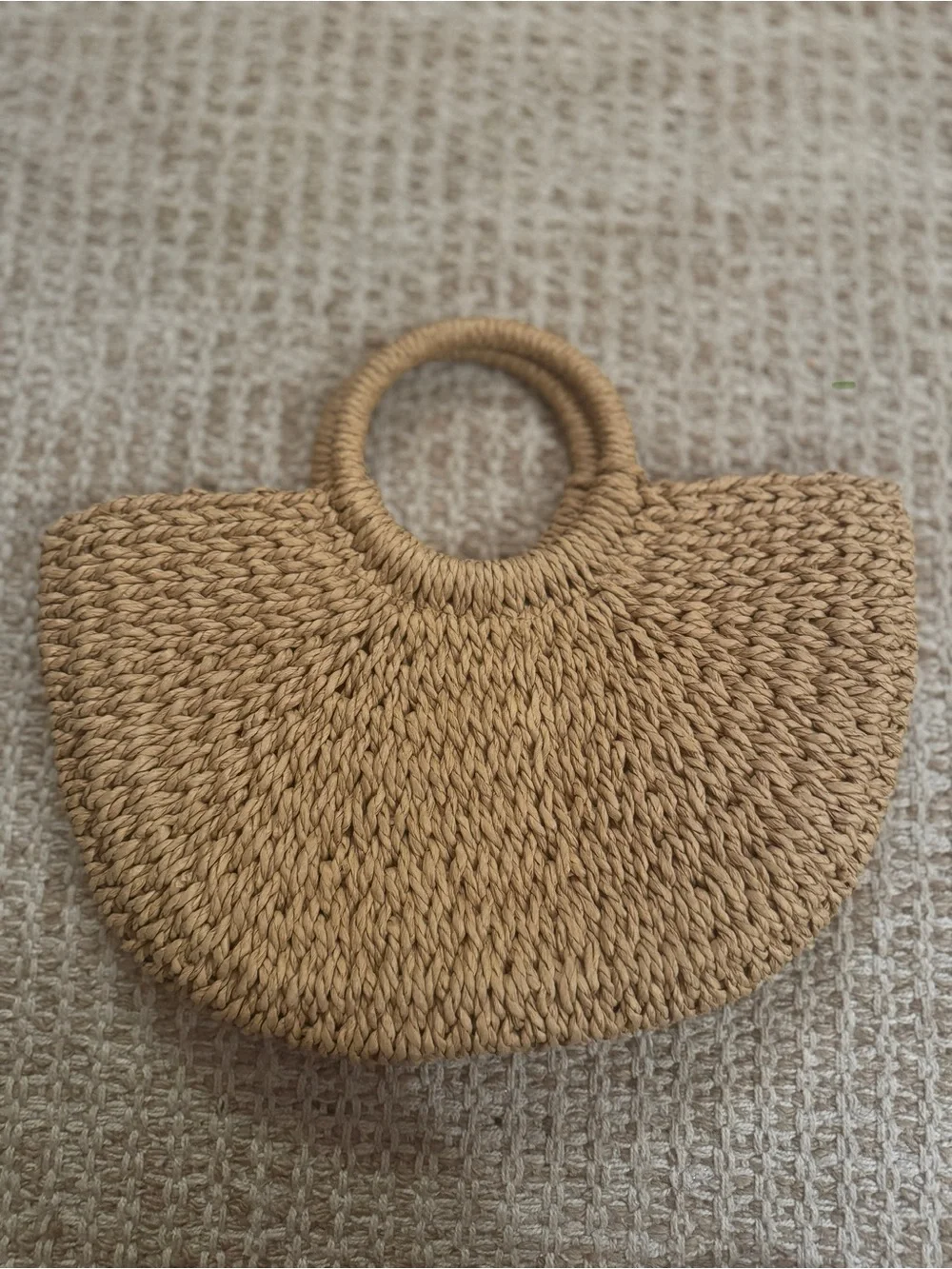 Handwoven Tan Straw Tote Bag with Round Handles